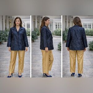 Susan Graver Embroidered Sequins Metallic Blue Lined Blazer Shirt NWT Size XL